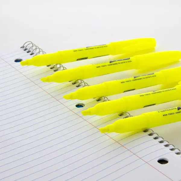 Yellow Pen Style Fluorescent Highlighter w/ Pocket Clip (5/Pk)